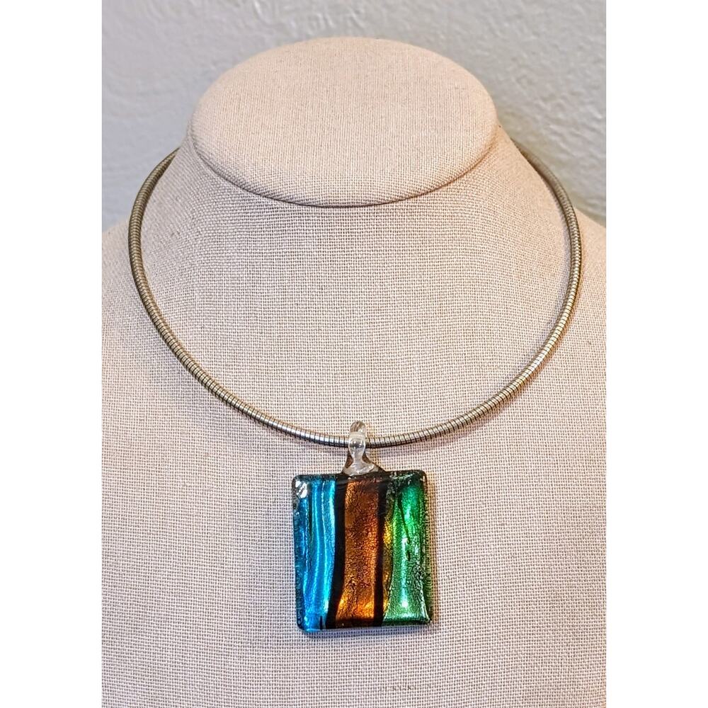 Vintage Silver Tone 16" Collar W/ Four Glass & Stone Pendants & Unique Closure